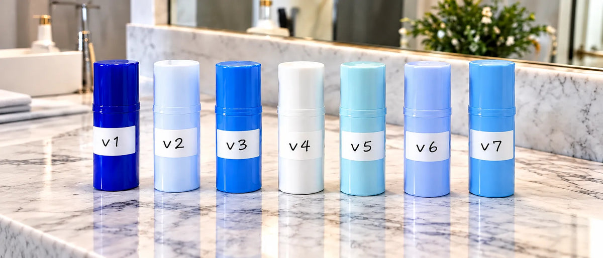 Seven CRYOPOP sample sticks labelled v1 to v7 on a bathroom counter