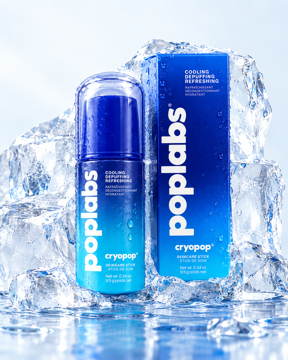 CRYOPOP cooling hydration stick and box rising from ice