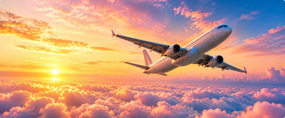 Airplane flying above the clouds at sunset