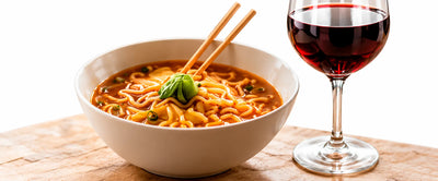 Bowl of ramen and a glass of red wine